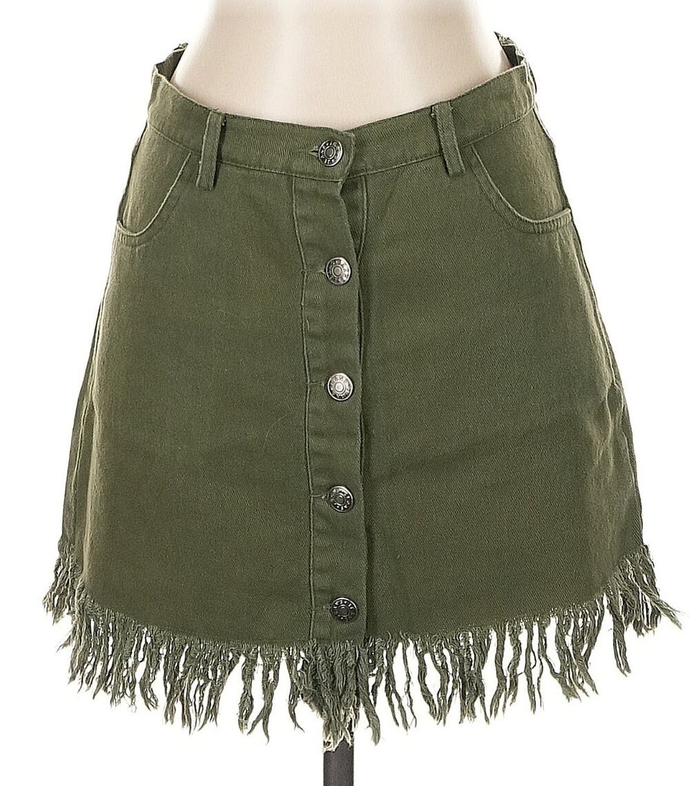 Olive Scent Olive Green Fringed Hem Button Fly Skirt, Utility Boho, Size Large